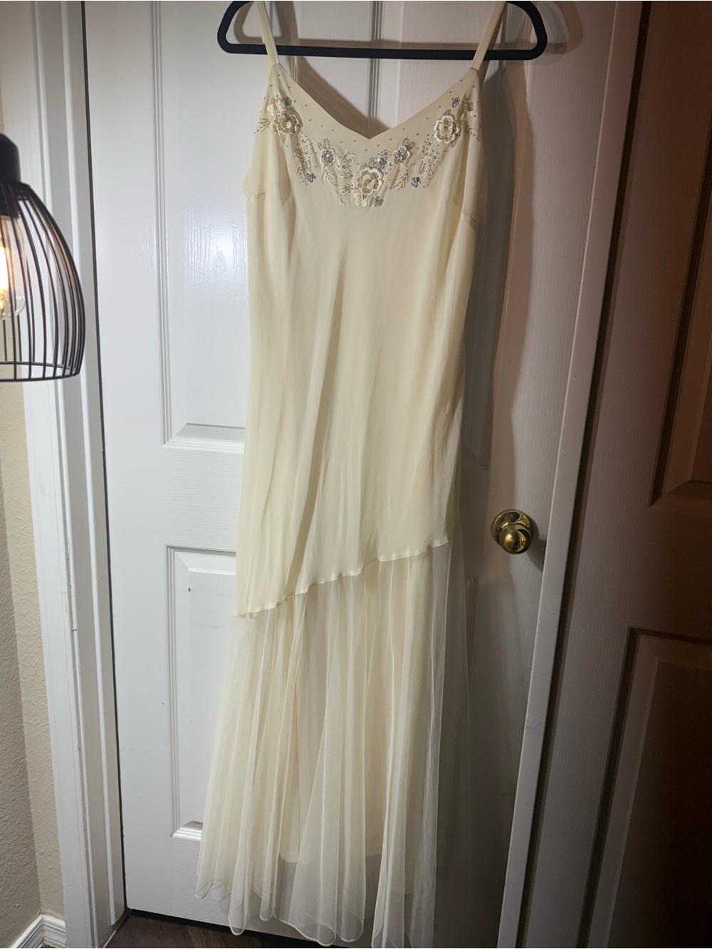 R&M Richards Ivory Spaghetti-Strap High-Low Evening Dress with Beaded Accents
